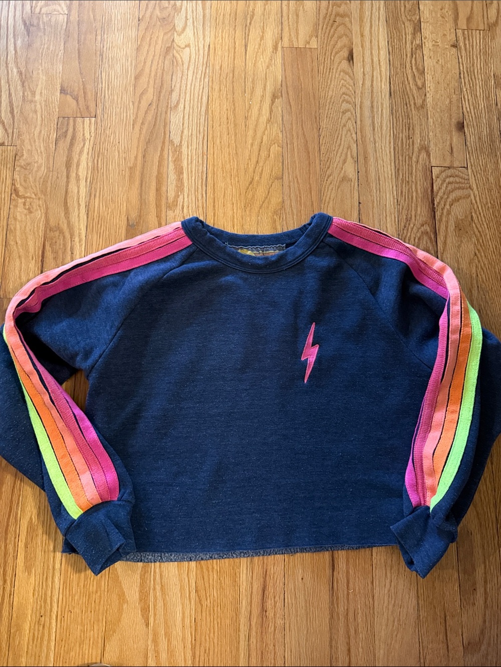 Aviator Nation sz S cropped Navy Sweatshirt with Rainbow Stripe Sleeves